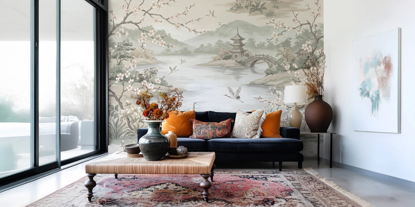 Serene Asian Garden Crane Landscape Mural Wall Mural