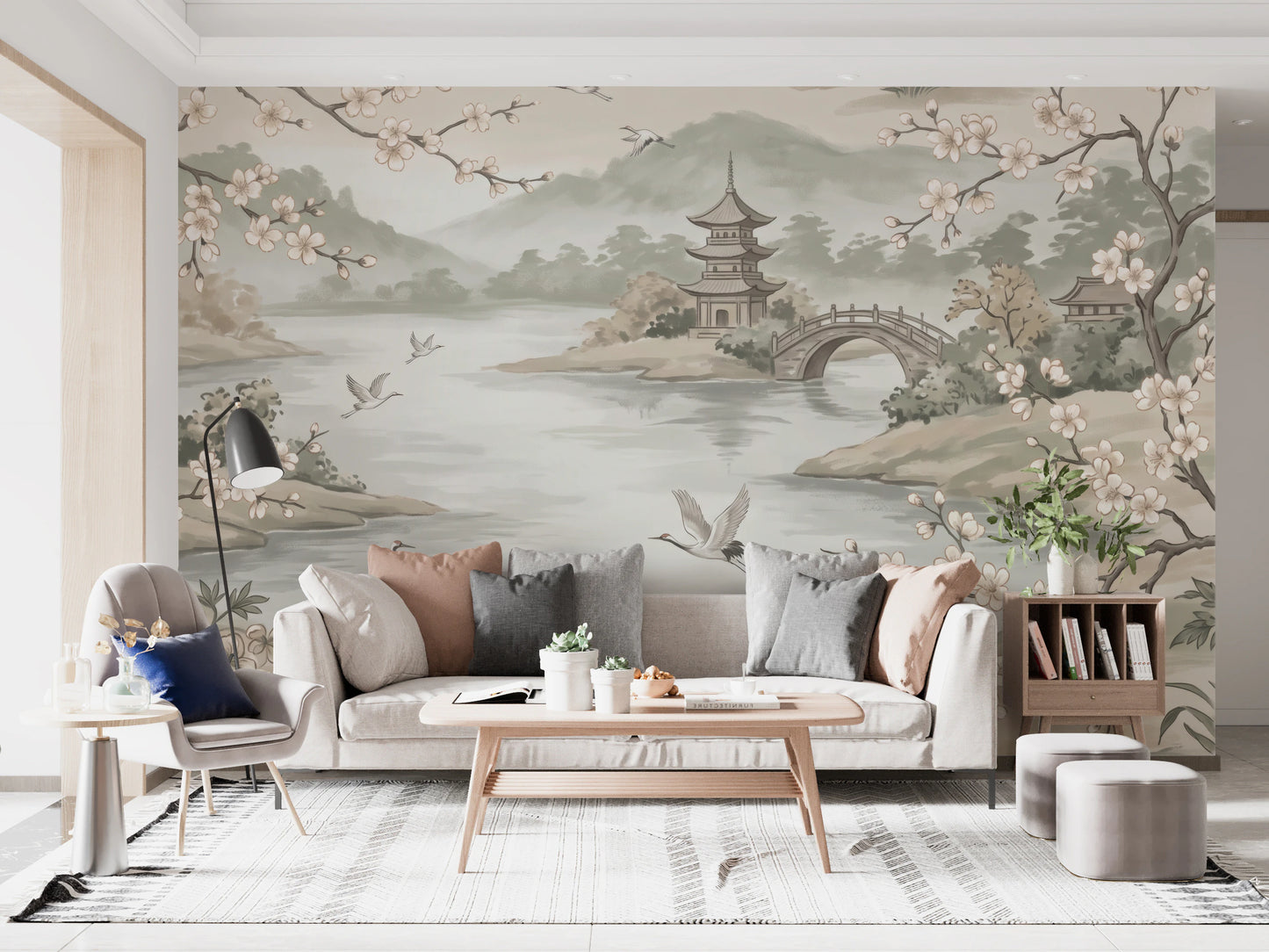 Serene Asian Garden Crane Landscape Mural Wall Mural