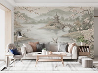 Serene Asian Garden Crane Landscape Mural Wall Mural
