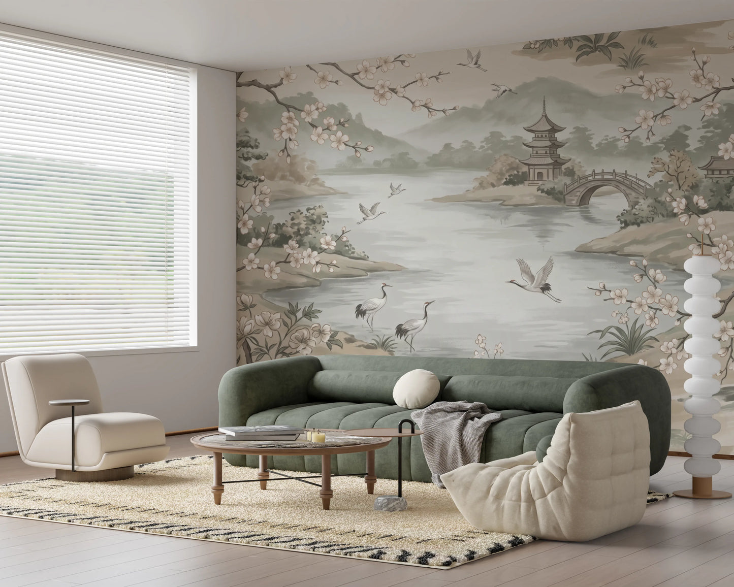 Serene Asian Garden Crane Landscape Mural Wall Mural