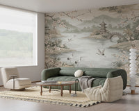 Serene Asian Garden Crane Landscape Mural Wall Mural