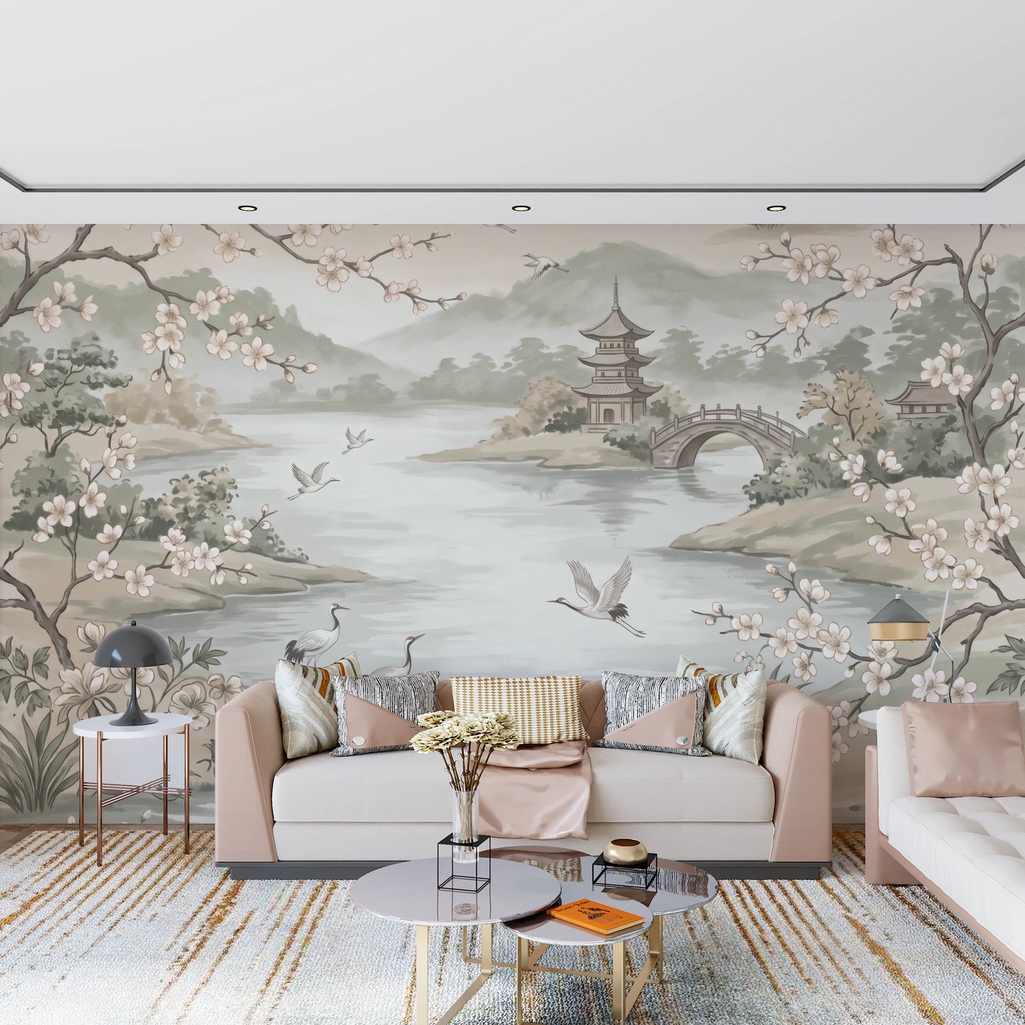 Serene Asian Garden Crane Landscape Mural Wall Mural