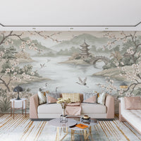Serene Asian Garden Crane Landscape Mural Wall Mural