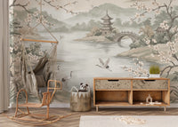 Serene Asian Garden Crane Landscape Mural Wall Mural