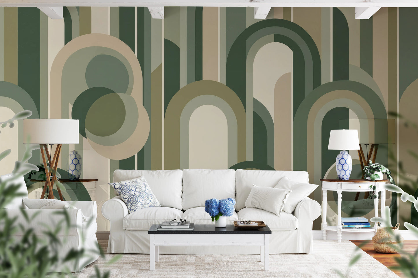 Retro Sage Green Archway Geometric Pattern Wallpaper Wall Mural