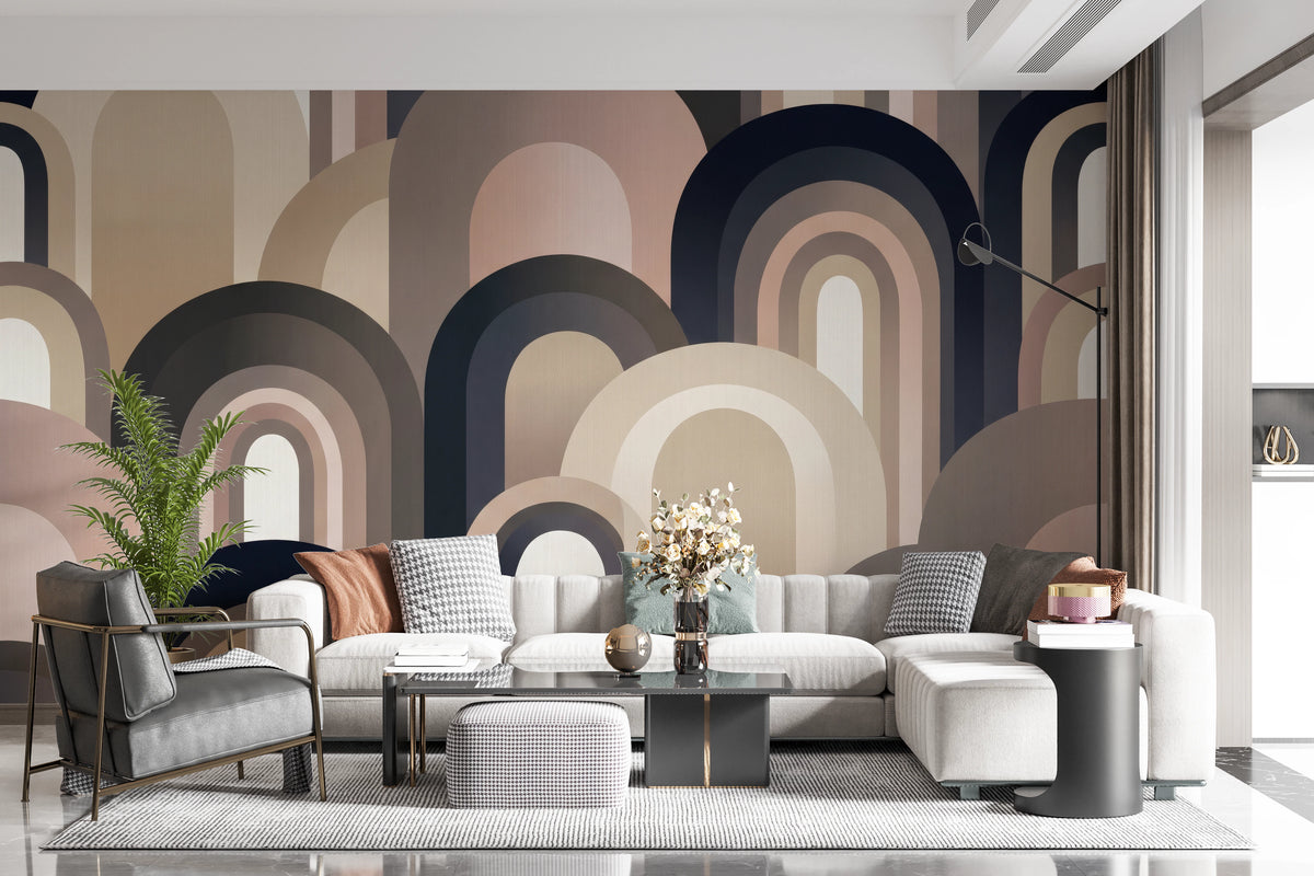 Nested arch wall mural across a living room wall in warm neutral and navy tones