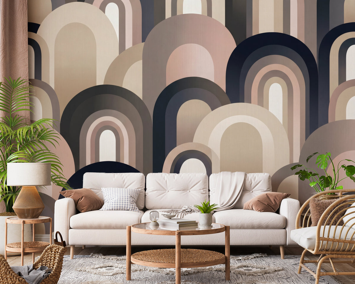 Repeating arch wall mural with domes set at varied heights and widths