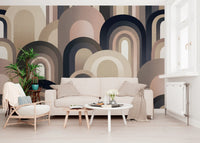 Warm neutral wall mural with layered semicircles in clay and beige shades