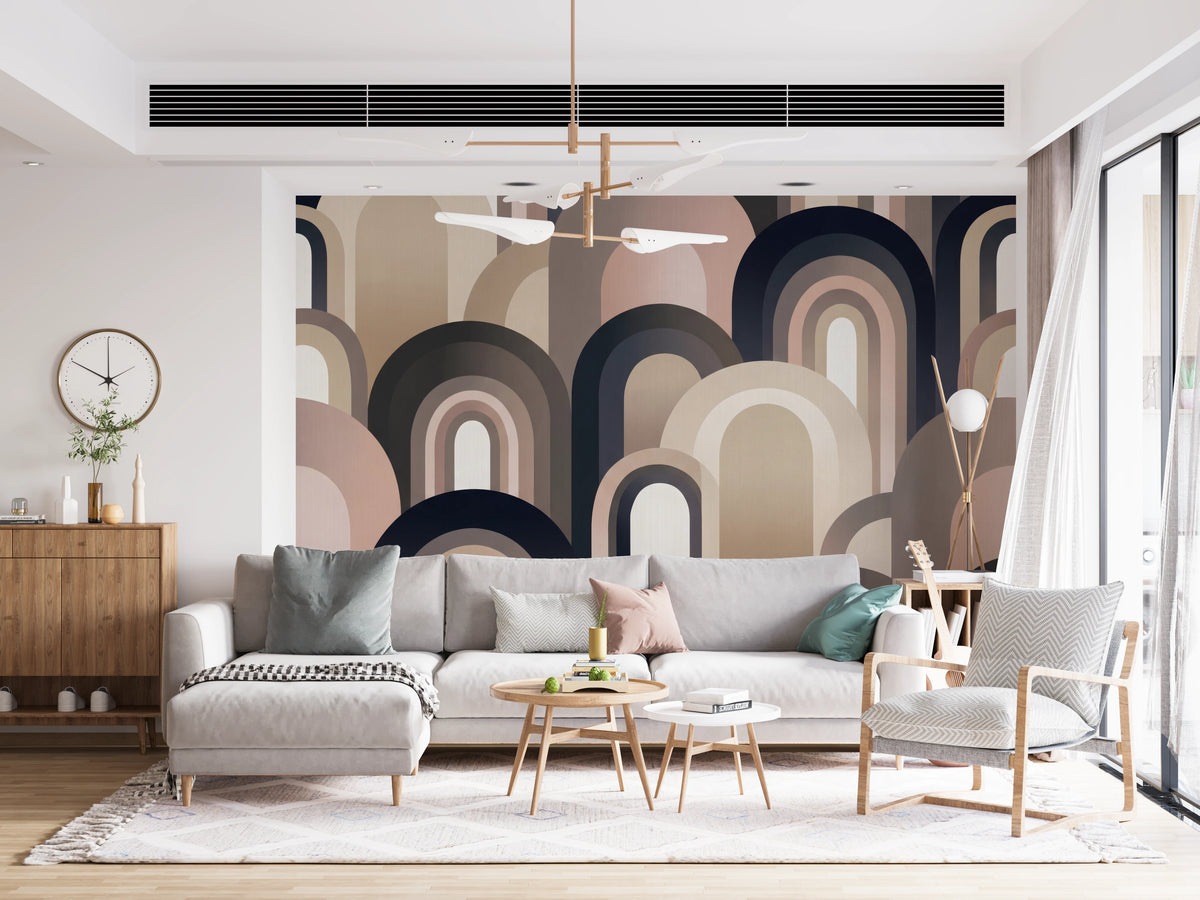 Earth tone arch mural on a living room feature wall in blush and taupe