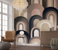 Geometric arch wall mural with concentric curves and deep navy accents 