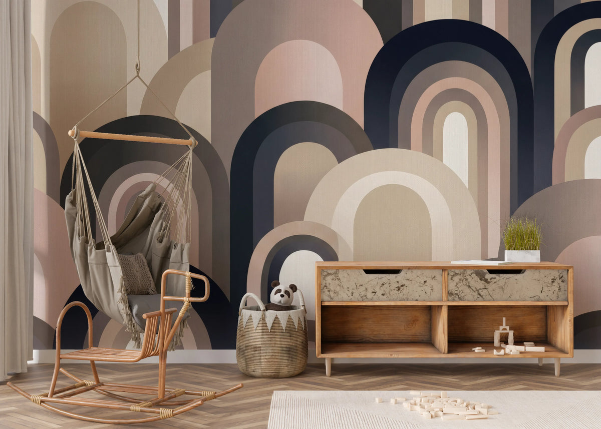 Earth tone arch wall mural with nested bands in blush, taupe and navy in nursery