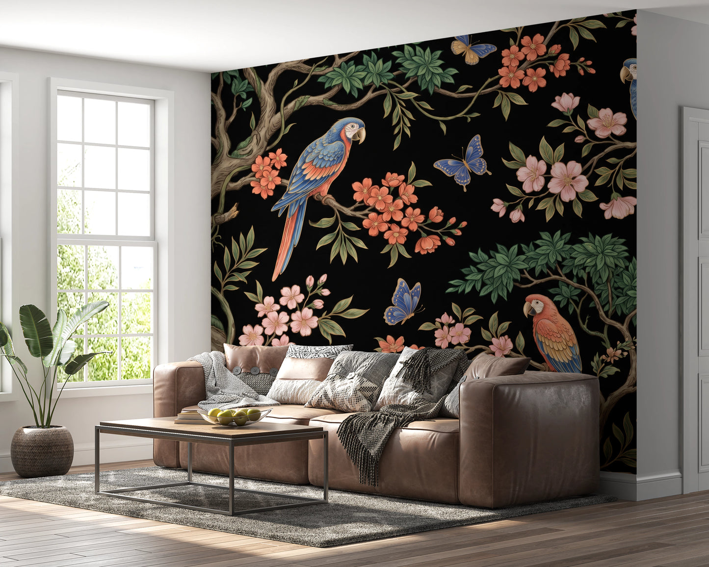 Exotic Tropical Garden Parrot and Butterfly Wallpaper Wall Mural