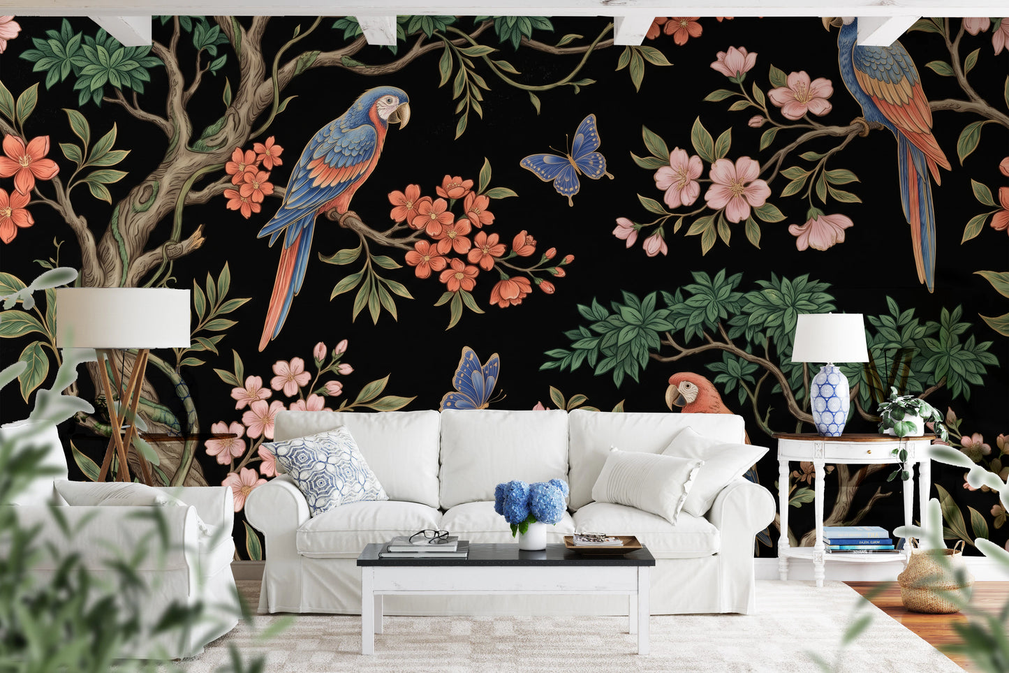 Exotic Tropical Garden Parrot and Butterfly Wallpaper Wall Mural