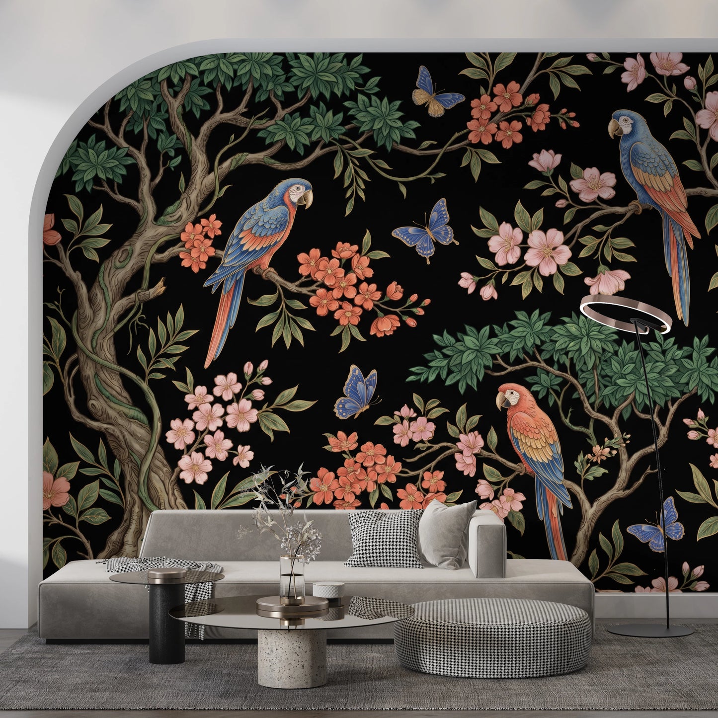 Exotic Tropical Garden Parrot and Butterfly Wallpaper Wall Mural