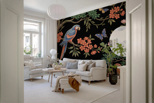 Exotic Tropical Garden Parrot and Butterfly Wallpaper Wall Mural