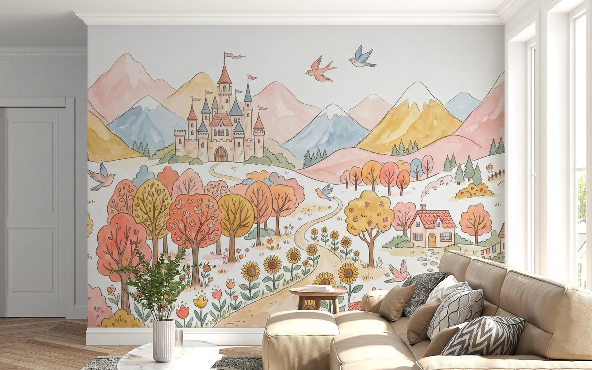 Storybook landscape mural with cottages, sunflowers and small birds
