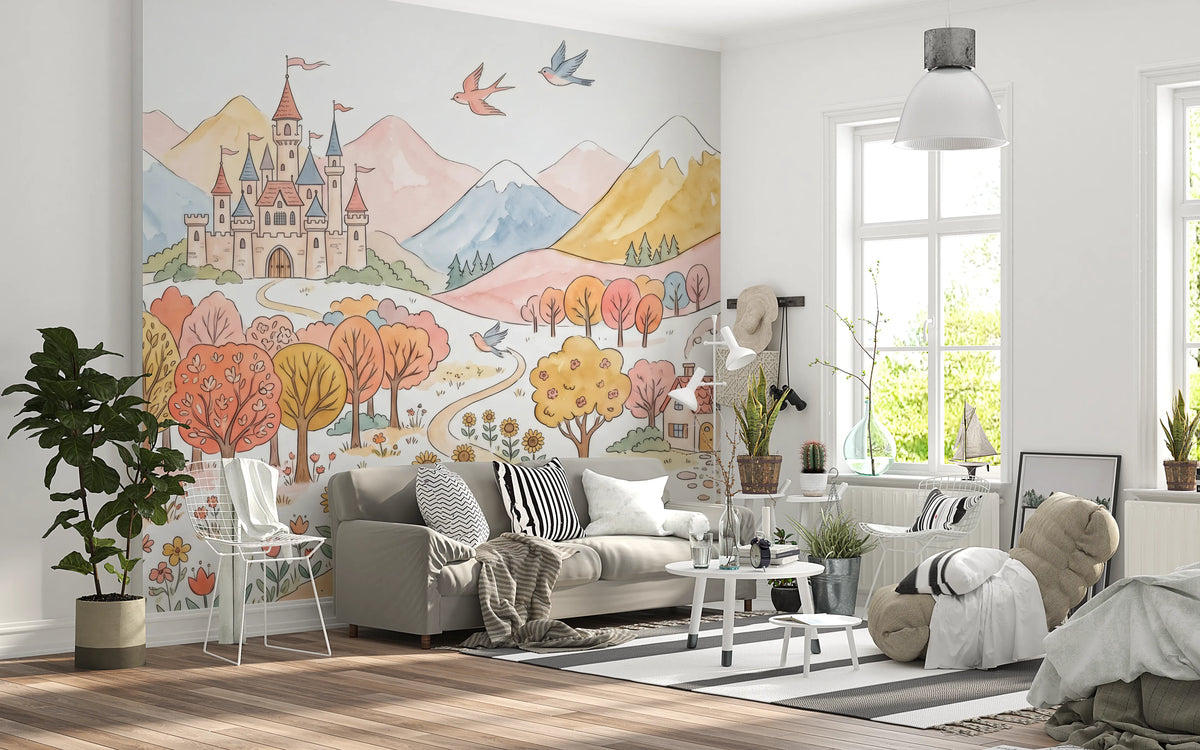Wide panel mural of a valley with a castle and pastel peaks behind