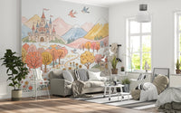 Wide panel mural of a valley with a castle and pastel peaks behind