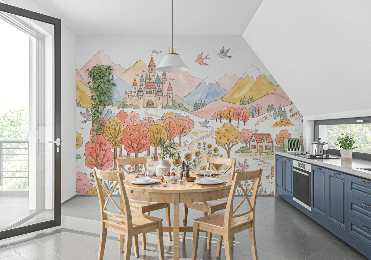 Watercolor castle landscape mural across a dining room wall in pastel shades