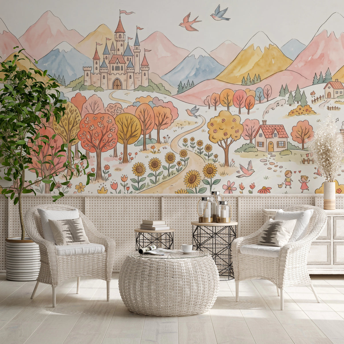 Watercolor castle mural with turrets, flags and a winding path below