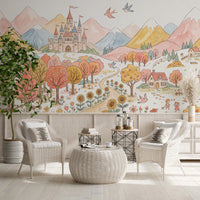 Watercolor castle mural with turrets, flags and a winding path below