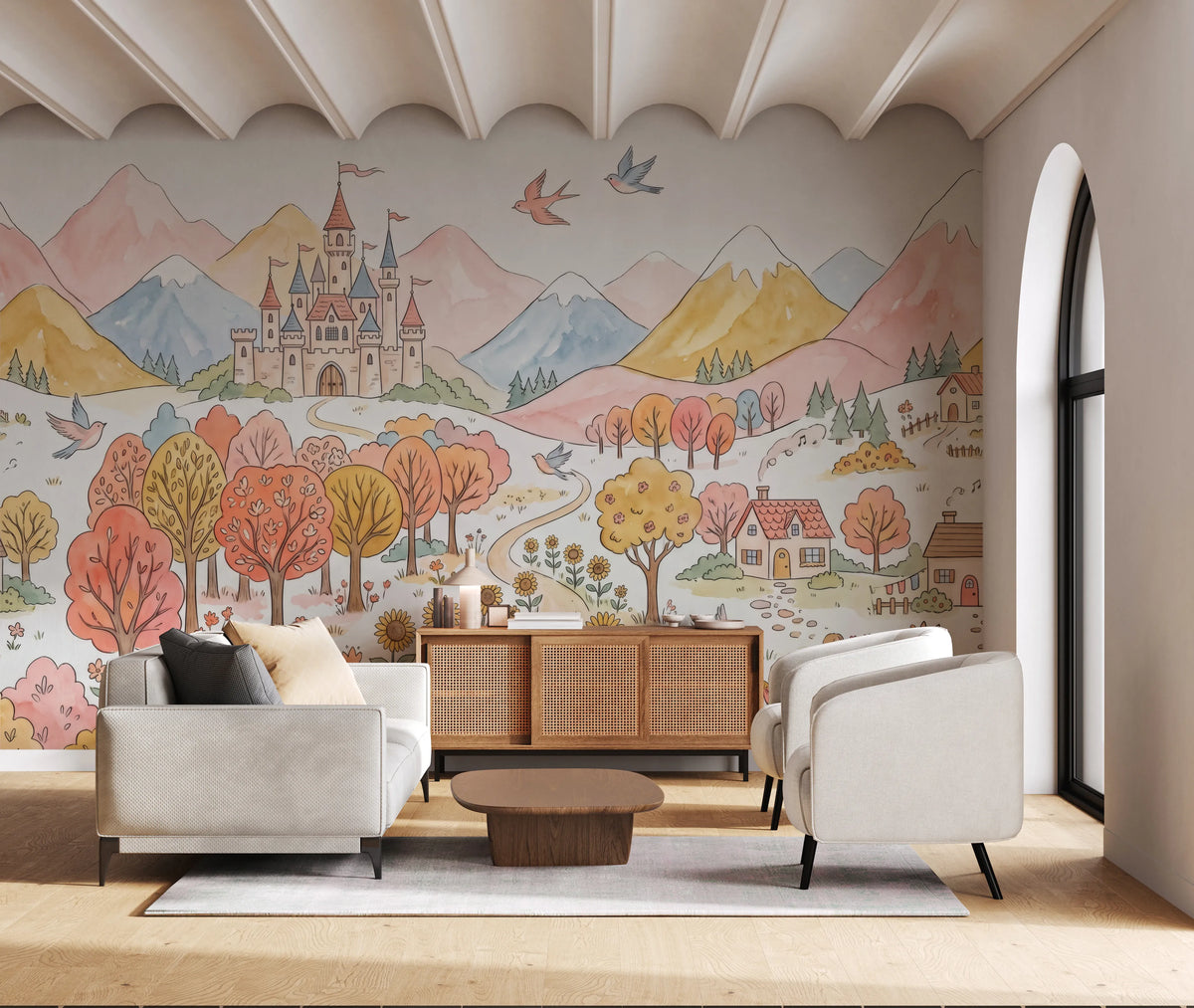Gentle pastel mural with birds in flight over a flowering meadow