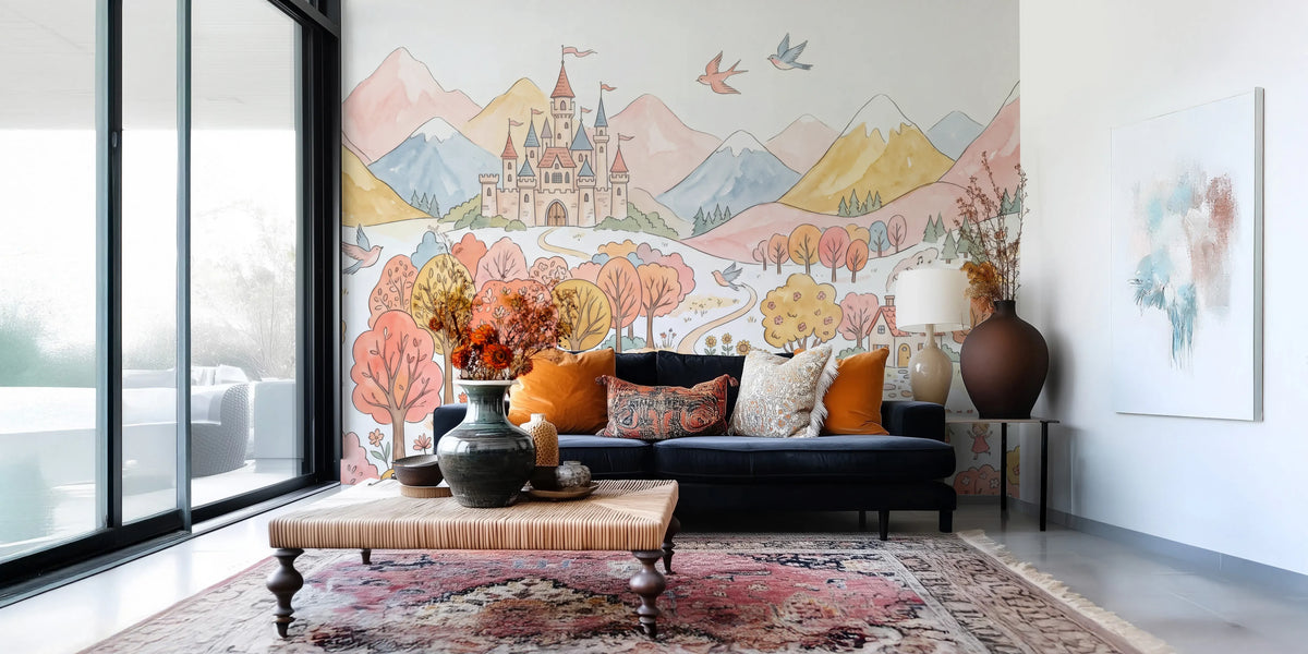 Soft watercolor mural with sunflowers, tulips and blossoming trees