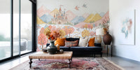 Soft watercolor mural with sunflowers, tulips and blossoming trees