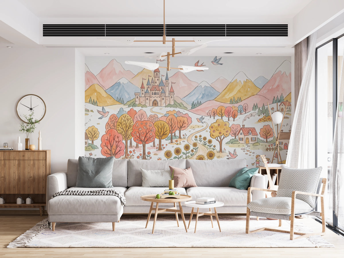 Fairytale castle mural on a living room wall in soft pink and gold tones