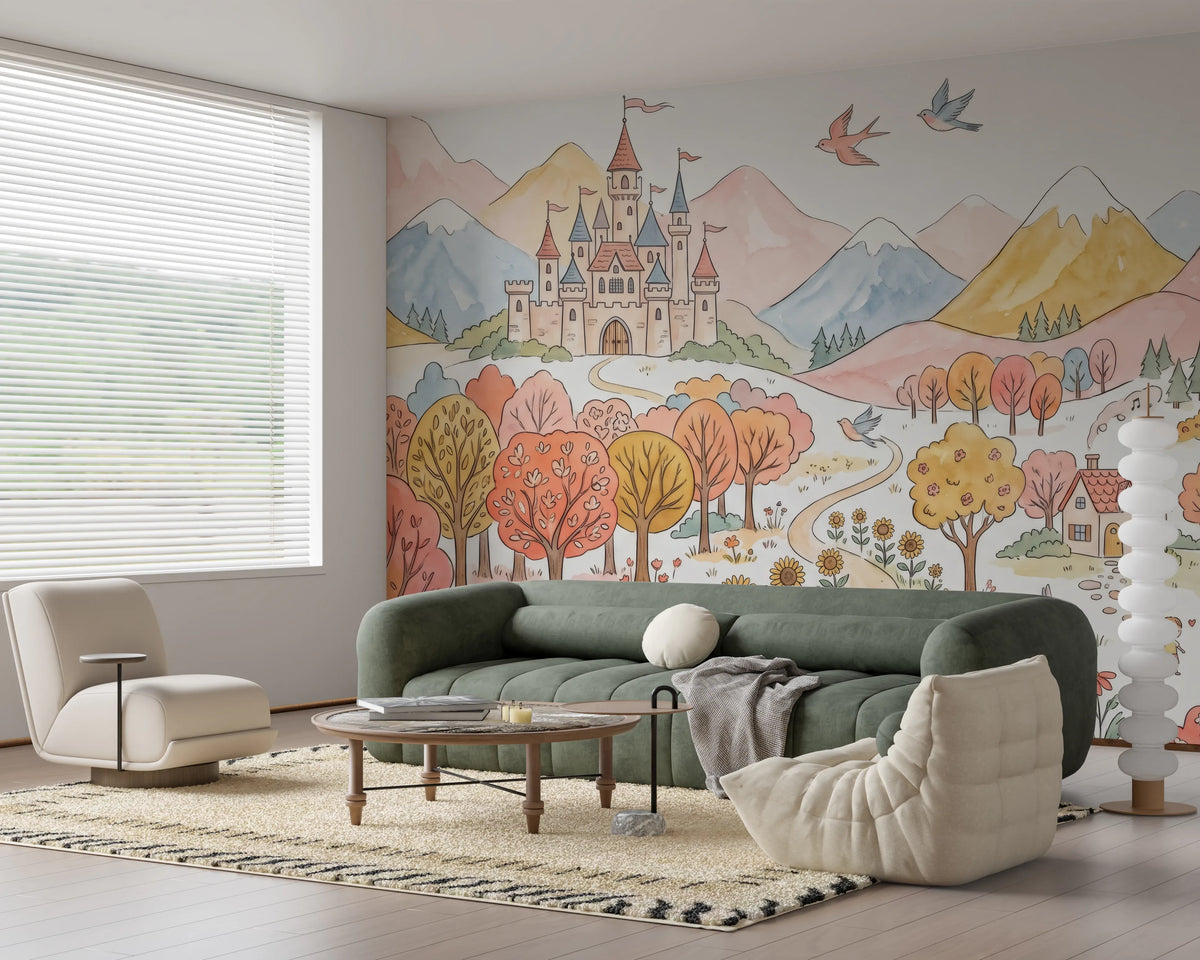 Ink outline mural with a castle, pine trees and red roofed cottages