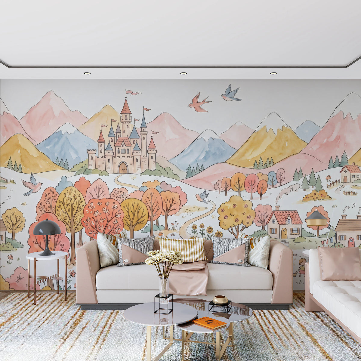 Fairytale castle mural with pastel mountains and blush autumn trees in living room