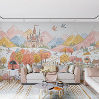 Fairytale castle mural with pastel mountains and blush autumn trees in living room