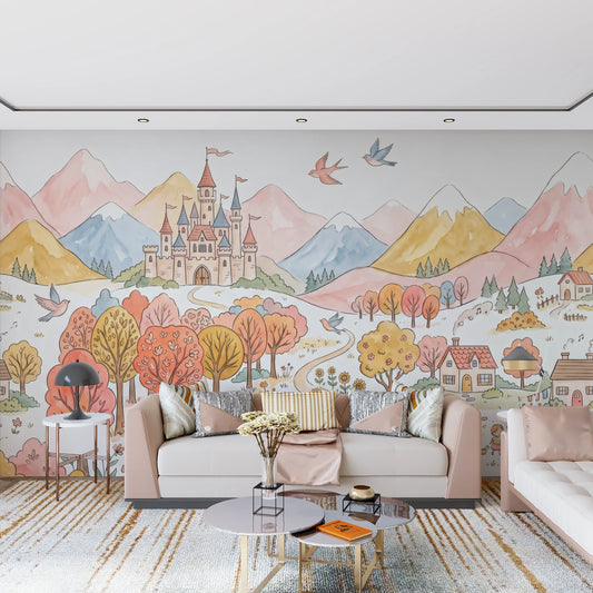 Fairytale Castle Landscape Watercolor Wall Mural Wall Mural