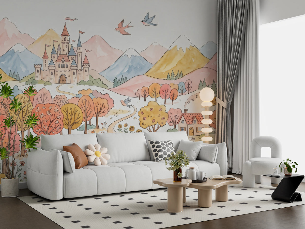 Pastel mountain mural with a castle, coral trees and flower meadows in living room