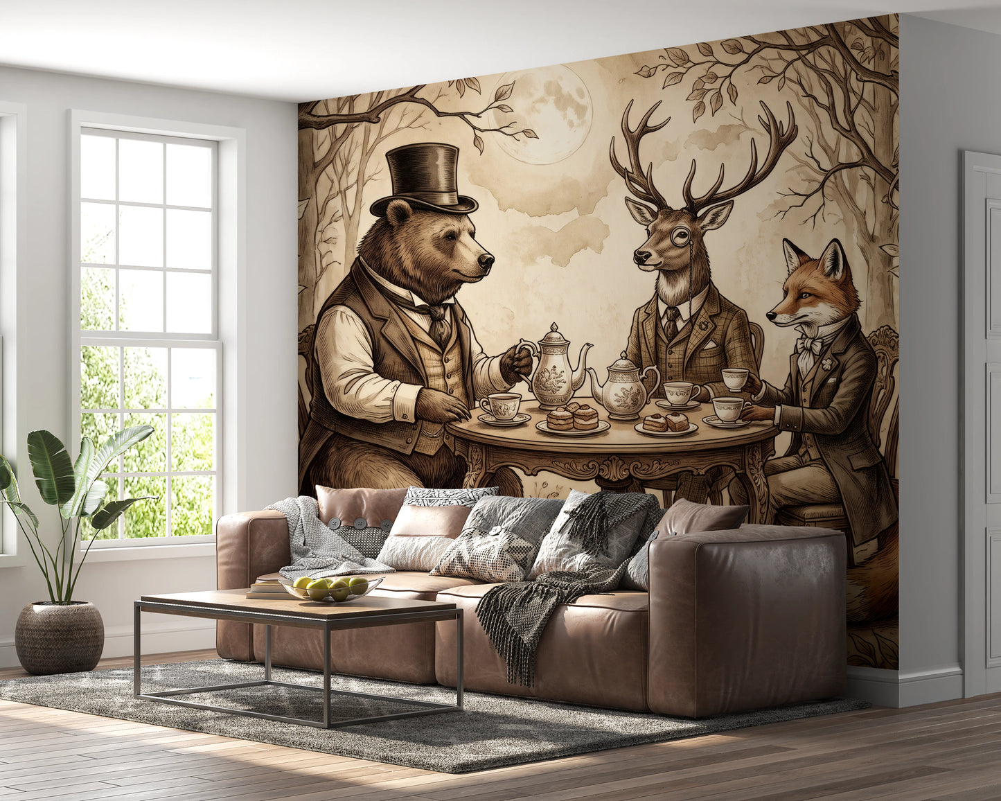 Elegant Forest Animal Tea Party Sepia Wallpaper Wall Mural