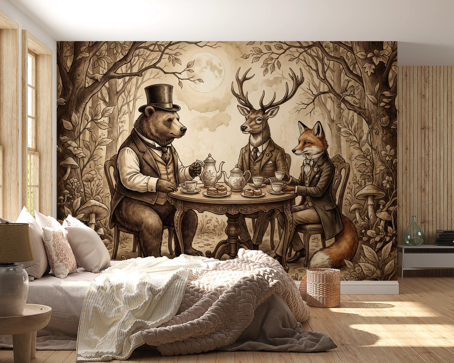 Elegant Forest Animal Tea Party Sepia Wallpaper Wall Mural