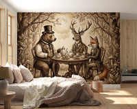 Elegant Forest Animal Tea Party Sepia Wallpaper Wall Mural