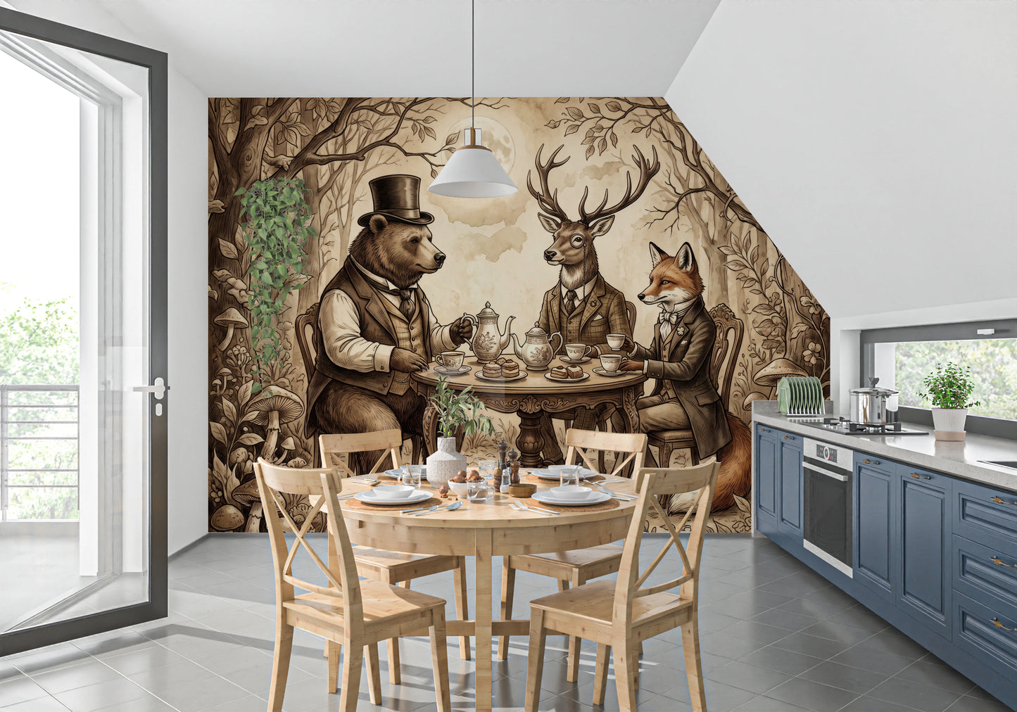 Elegant Forest Animal Tea Party Sepia Wallpaper Wall Mural