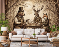 Elegant Forest Animal Tea Party Sepia Wallpaper Wall Mural