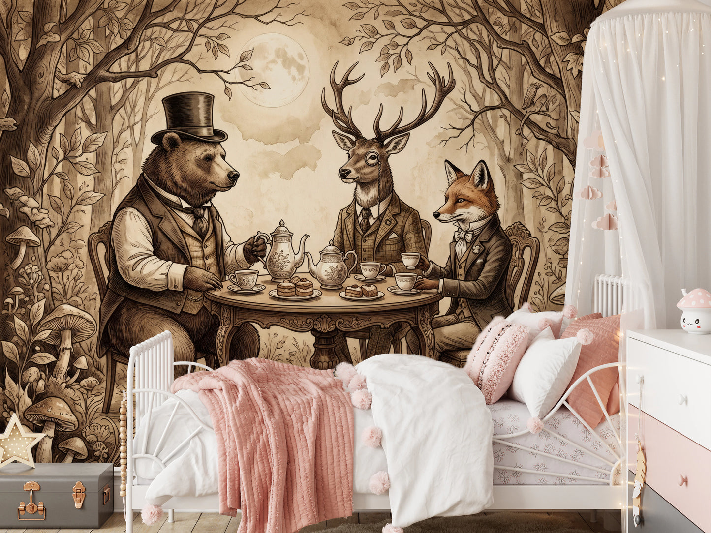 Elegant Forest Animal Tea Party Sepia Wallpaper Wall Mural