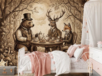 Elegant Forest Animal Tea Party Sepia Wallpaper Wall Mural