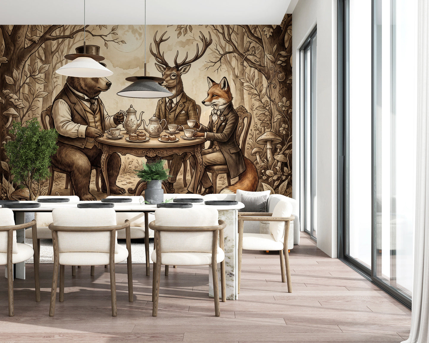 Elegant Forest Animal Tea Party Sepia Wallpaper Wall Mural