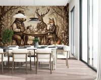 Elegant Forest Animal Tea Party Sepia Wallpaper Wall Mural