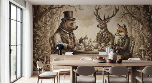 Elegant Forest Animal Tea Party Sepia Wallpaper Wall Mural