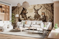Elegant Forest Animal Tea Party Sepia Wallpaper Wall Mural
