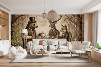 Elegant Forest Animal Tea Party Sepia Wallpaper Wall Mural