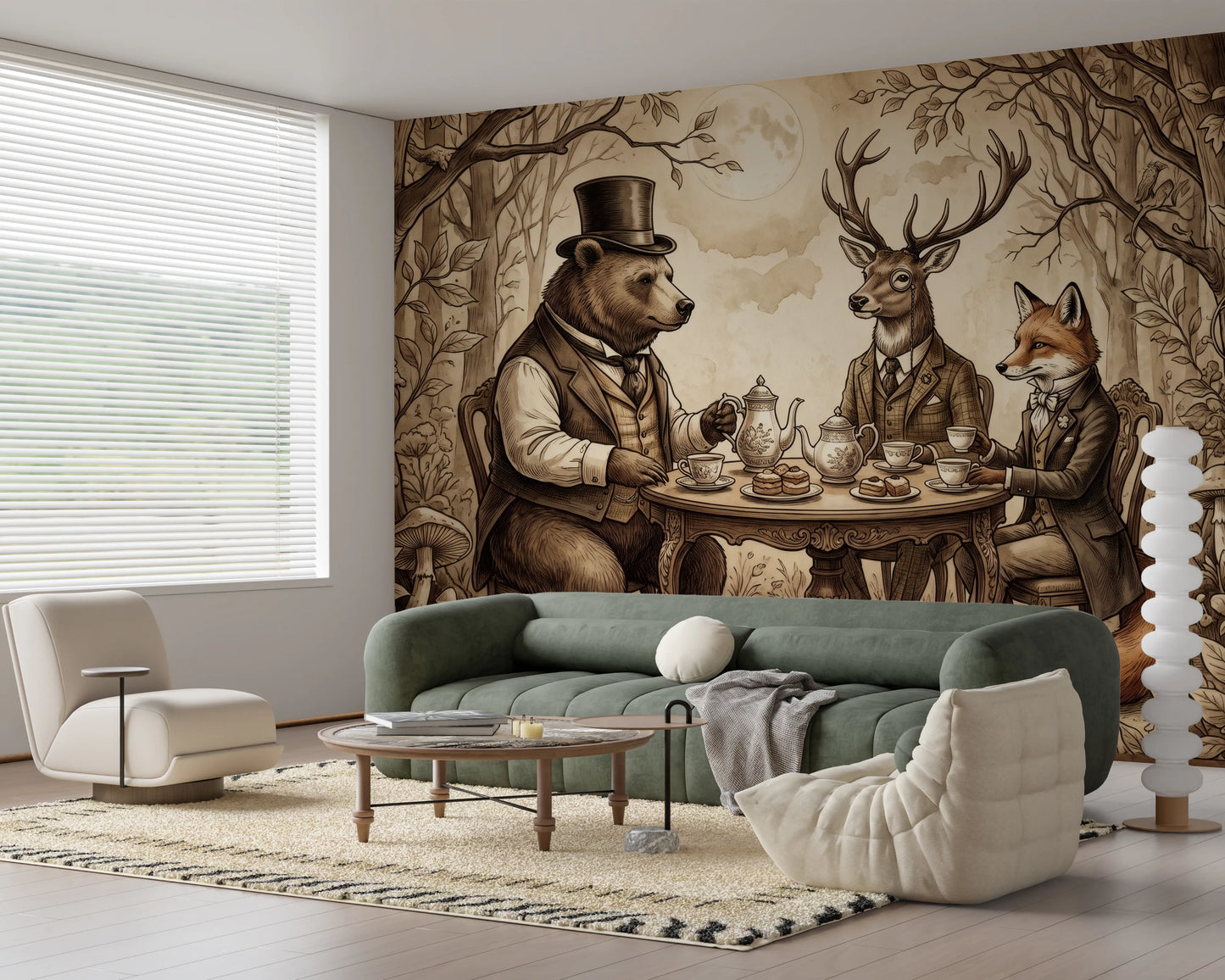 Elegant Forest Animal Tea Party Sepia Wallpaper Wall Mural