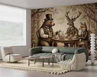 Elegant Forest Animal Tea Party Sepia Wallpaper Wall Mural