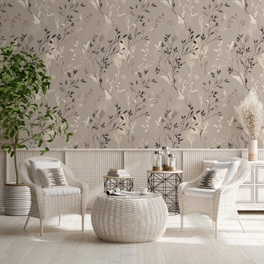 Elegant Botanical Beige Line Art Pattern Wall Mural