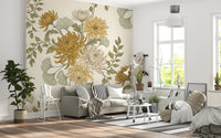 Vintage Gold Chrysanthemum Botanical Garden Floral Wallpaper Wall Mural